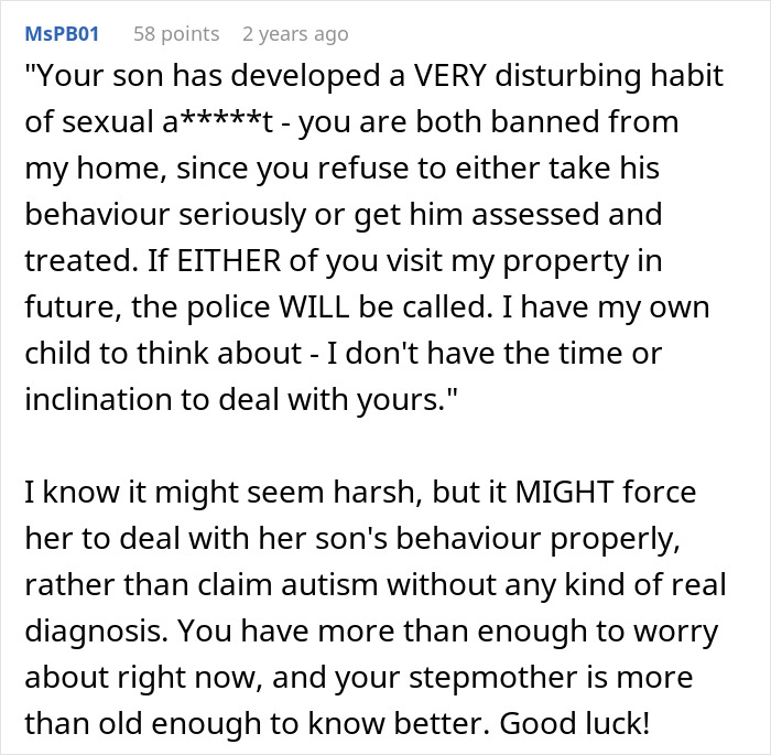 Comment discussing disturbing behavior of 11-year-old stepson and parents refusing to get help or assessment.