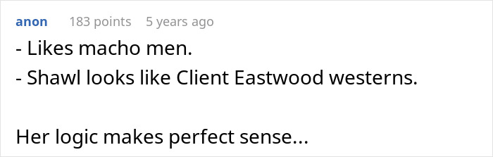 Screenshot of a comment discussing guys buying shawls and their girlfriends calling them gay with a sarcastic tone.