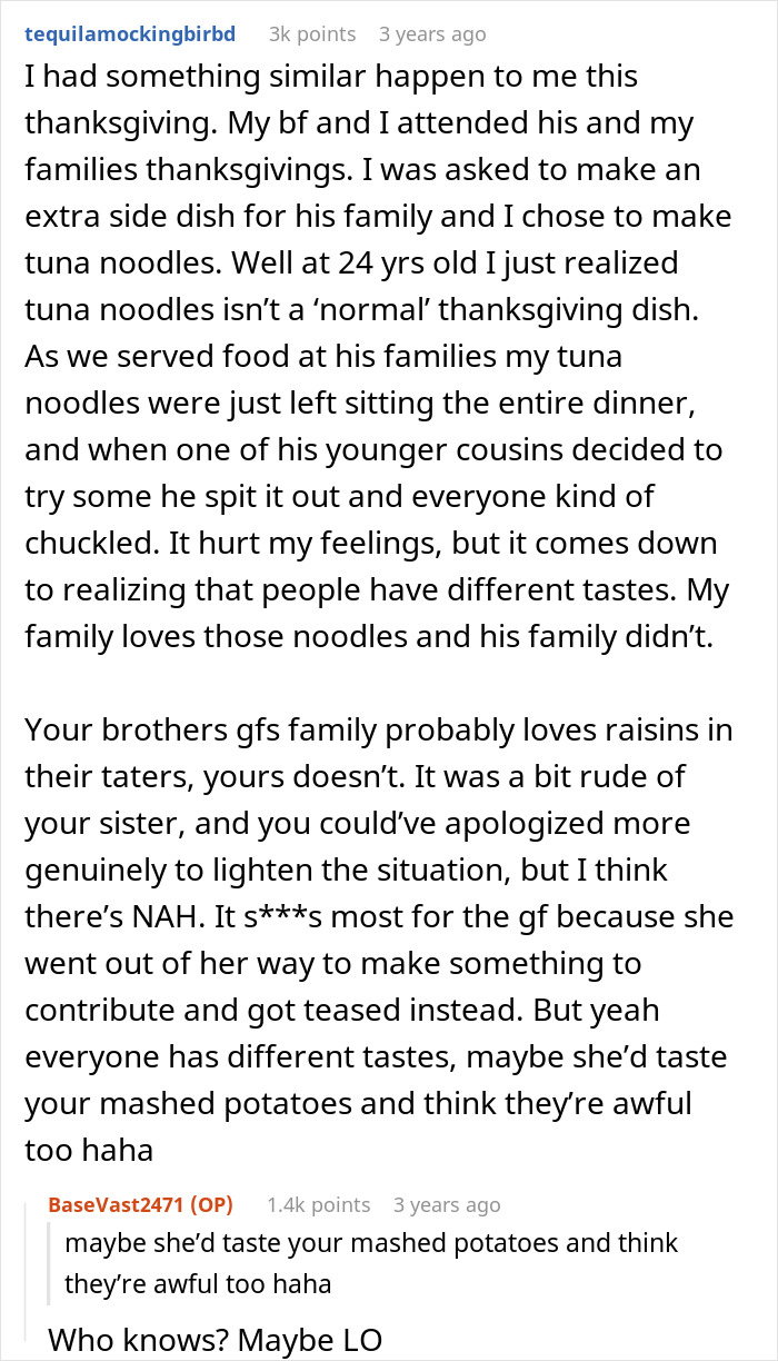 User conversation about family food conflicts, girlfriend upset over raisin potatoes during a roast and dinner.