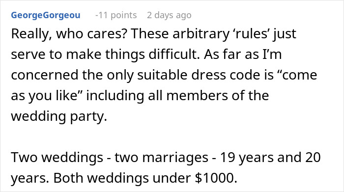 Commenter discussing opinions on wedding dress codes and sharing personal wedding experiences under $1000.