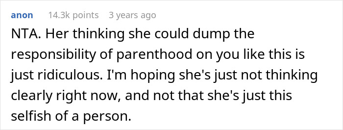 Comment discussing the unfair expectation of a male best friend to assume the father role and parenting responsibility.