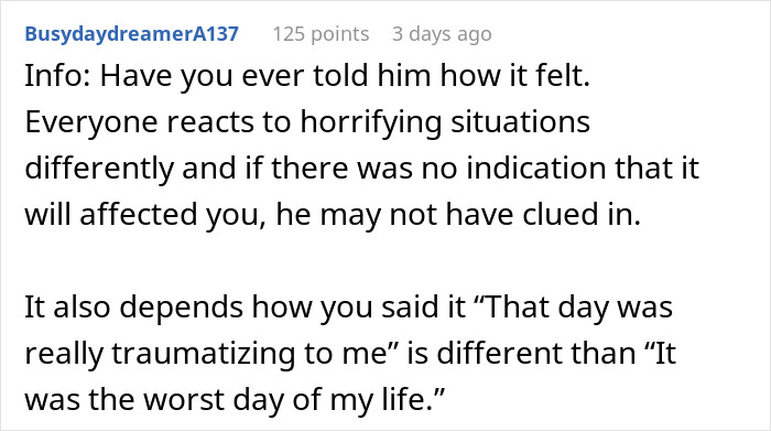 Comment explaining different reactions to trauma, relating to woman and brother interaction from delivery experience.