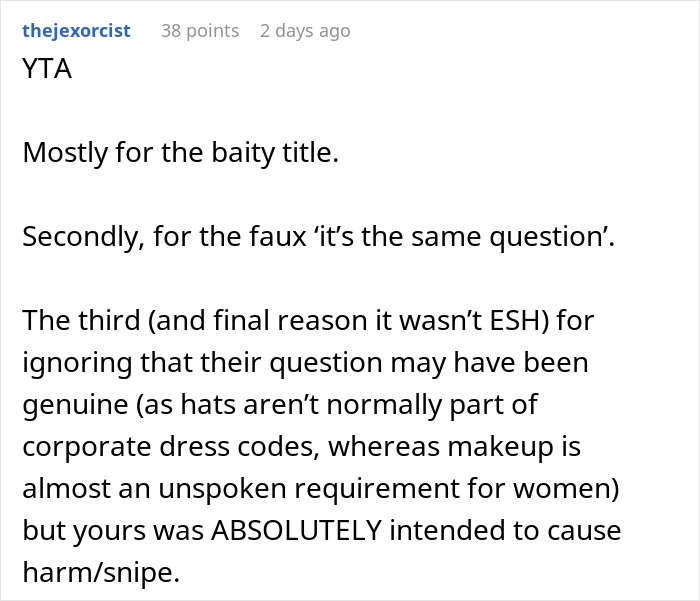 Screenshot of an online comment discussing a guy asking a coworker why she wears makeup every day and the online reaction.