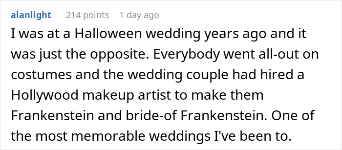 Comment recounting a memorable Halloween wedding with costumes and Hollywood makeup for the bride and groom.