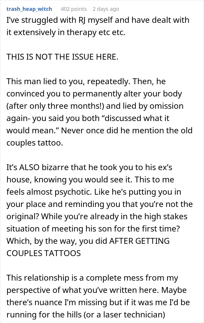 Woman couple showing tattoo related to boyfriend ex on arm during an emotional conversation outdoors.