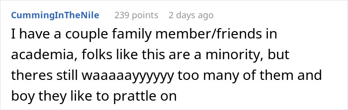 User comment text about family members and friends in academia, relating to obnoxious dinner guest husband dreadful behavior.