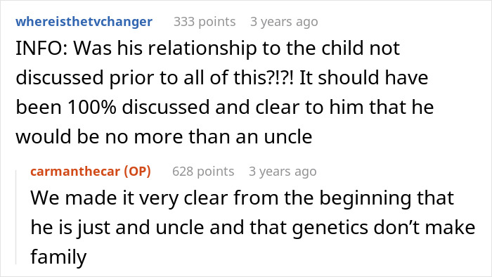 Comments discussing a guy helping his sister-in-law conceive using IVF and the uncle&rsquo;s role in the child's relationship.
