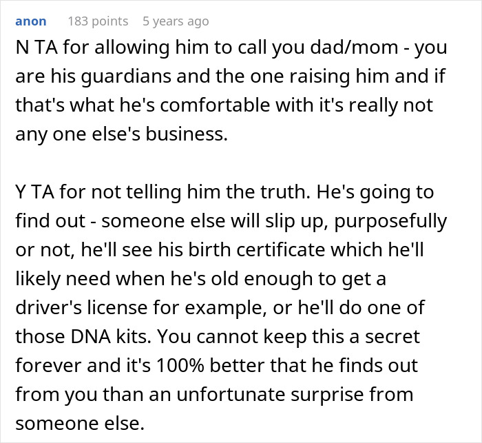 Text post discussing whether a guy should tell his son the harsh truth about his real parents and guardianship.