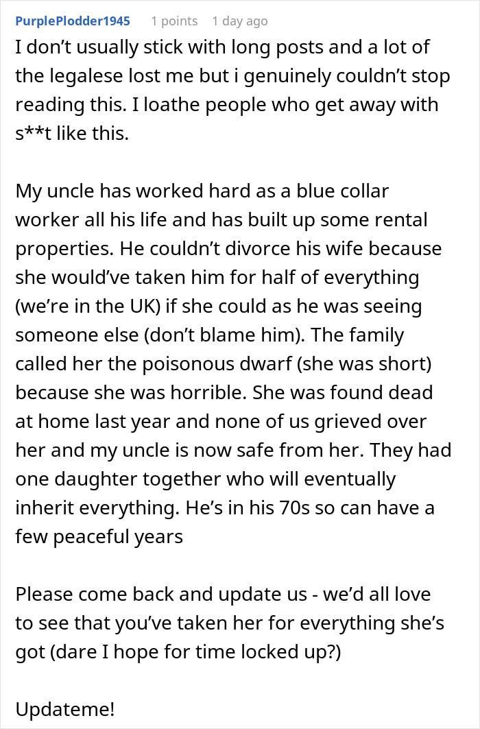 Comment discussing grieving daughter aiming to drive step-monster to financial ruin and family inheritance conflict.