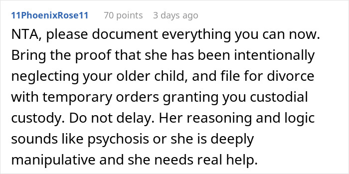 Comment advising to document proof for divorce and custodial custody due to neglect in an AITAH therapist marriage discussion.