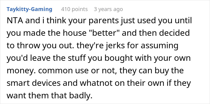 Screenshot of a Reddit comment discussing parents kicking out daughter to move into remodeled room and her response.