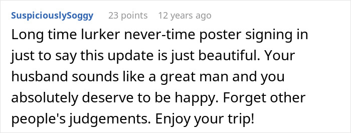 Screenshot of a user comment supporting a wife after hearing her husband admit she&rsquo;s ugly, discussing feelings and happiness.