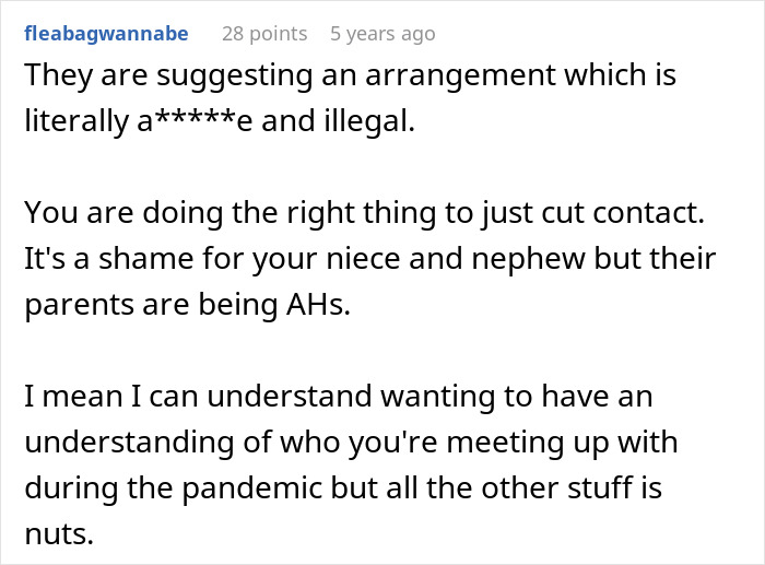Comment discussing a woman telling her brother to go to hell after ridiculous demands in a live-in nanny job offer.