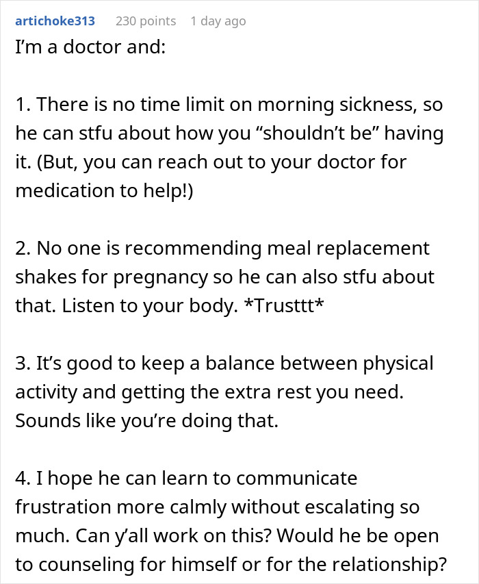 Text post discussing a doctor&rsquo;s advice on pregnancy symptoms and balancing physical activity with rest during pregnancy.