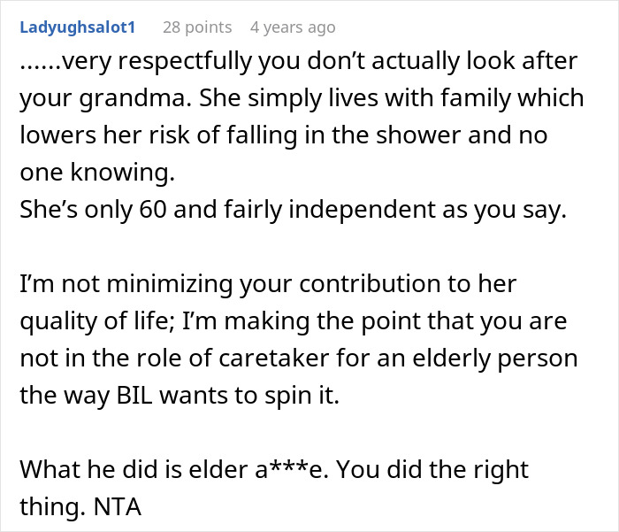 Comment discussing BIL trying to dump grandma on wife&rsquo;s siblings and sister called selfish for refusal to help care.