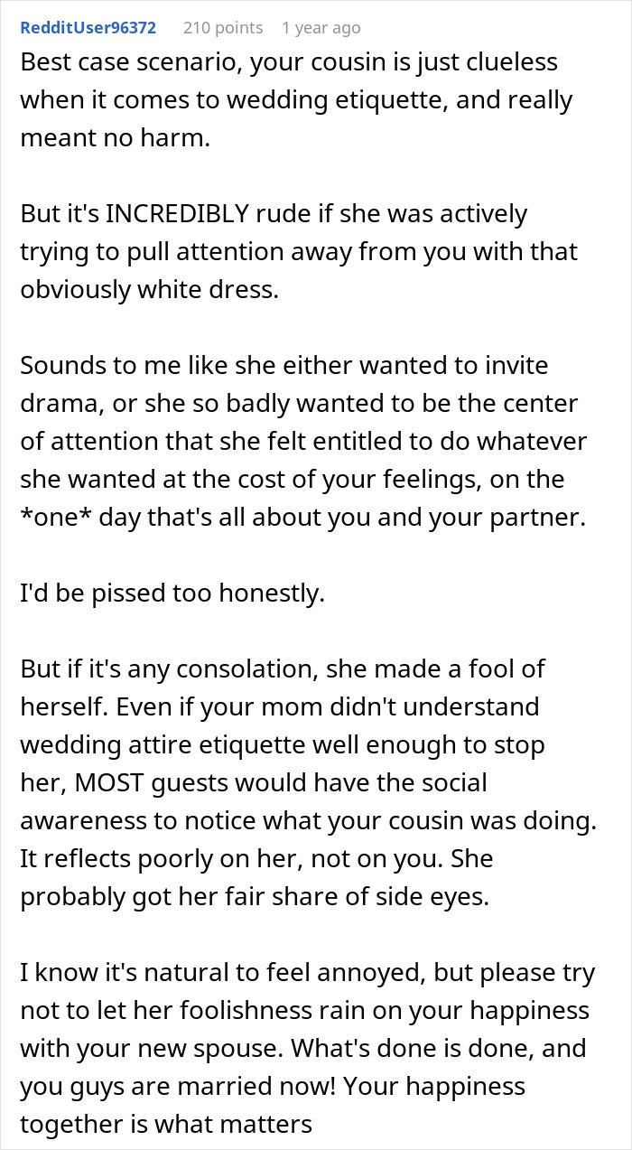 Reddit comment discussing bride horrified as cousin wears long white dress with mom's approval at wedding.