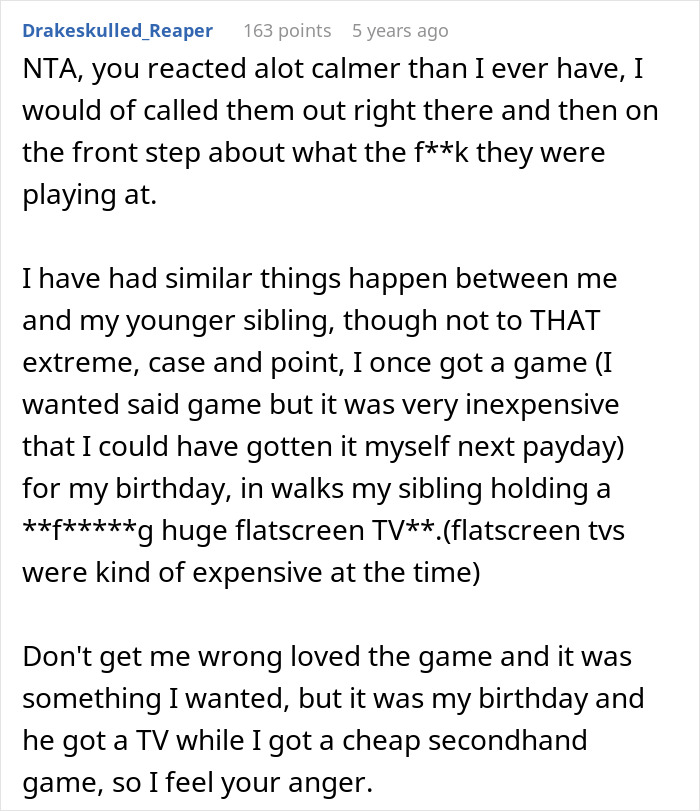 Reddit comment sharing experience on parents gifting a $25K car to younger child while older gets a phone case, highlighting sibling fairness.