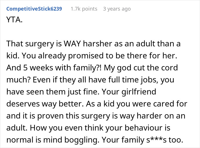 Screenshot of a Reddit comment criticizing a boyfriend for organizing a surprise family visit during his girlfriend&rsquo;s planned surgery.