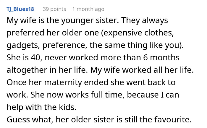 Comment discussing toxic parents favoring the golden child son while the younger son refuses to help with the house.