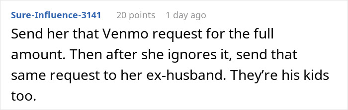 Screenshot of an online comment about a woman who believes a friend who forgot her wallet and feels duped afterward.