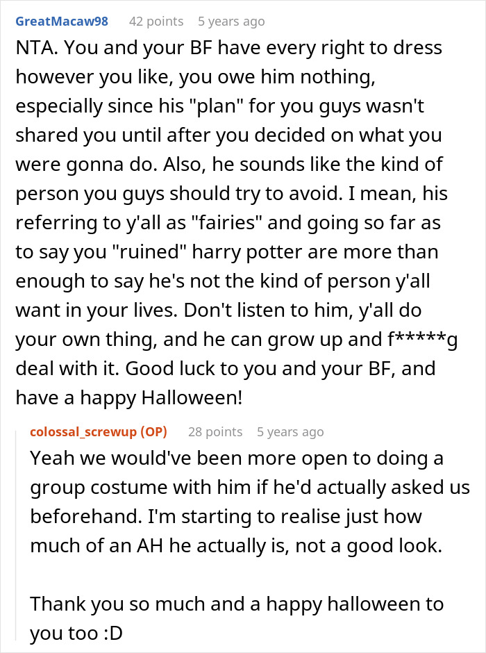 Reddit comments discussing masculinity fragile behavior causing relationship issues over Halloween costume choice.
