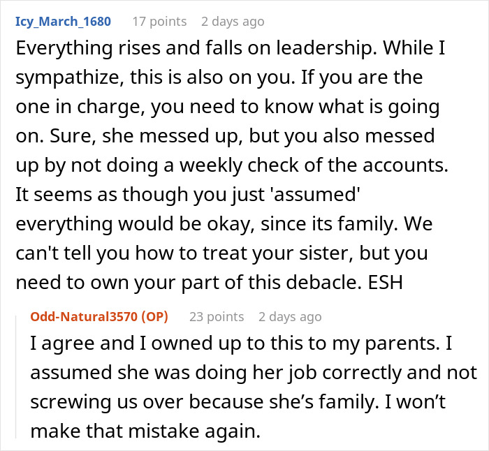 Commenters discussing doctor refuses to rehire sister after she cost the practice $40,000 and family fallout.