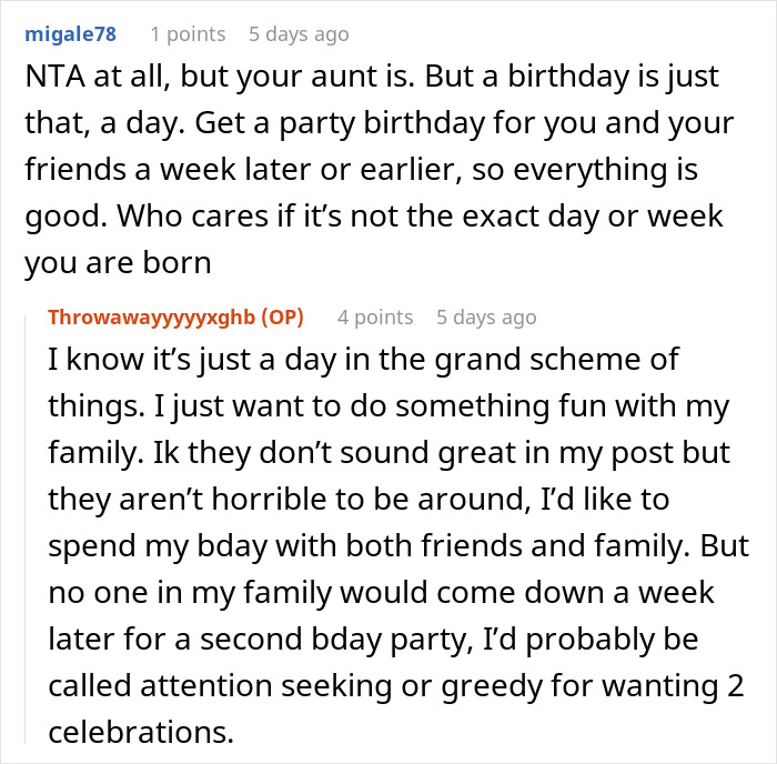 Reddit conversation where a 17-year-old vents about sharing a birthday with grandma causing family drama.