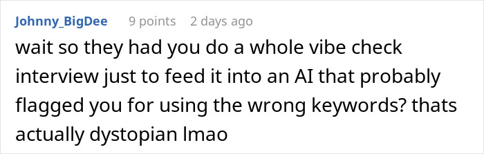 User comment about AI-scored job interview in real time questioning AI flagging for keyword use during an interview. User comment about AI-scored job interview in real time questioning AI flagging for keyword use during an interview.