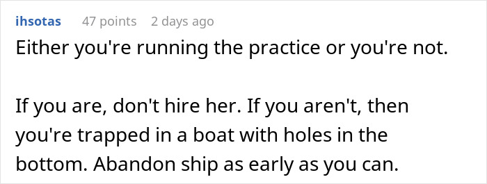 Reddit comment discussing a doctor refusing to rehire sister after costly mistake at medical practice.