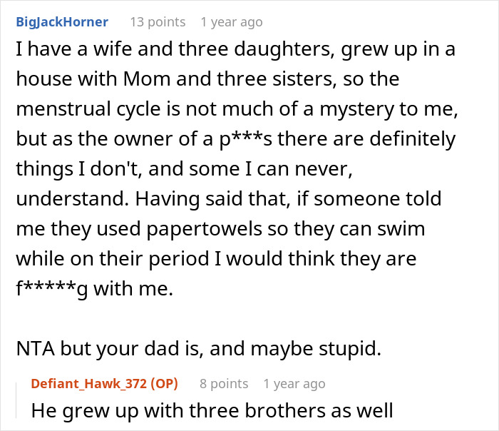 Alt text: Reddit user discussing clueless dad&rsquo;s paper towel idea for swimming on period and being called out for stupid advice.