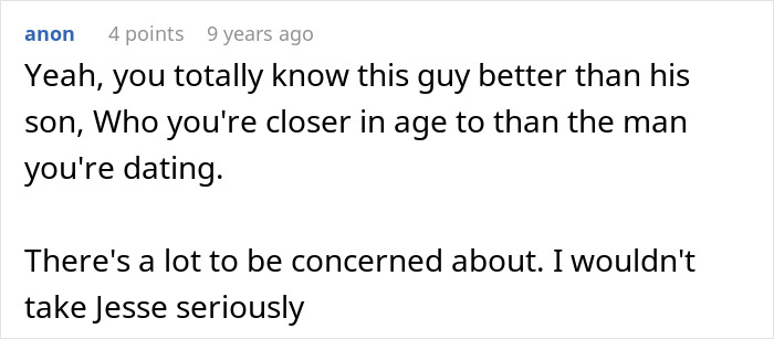Comment discussing a woman bumping into her boyfriend&rsquo;s grown son and facing unexpected concerns.