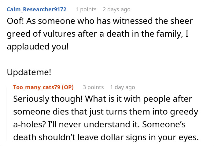 Reddit comments discussing grief and the greed of vultures after a death, reflecting on financial ruin conflicts.