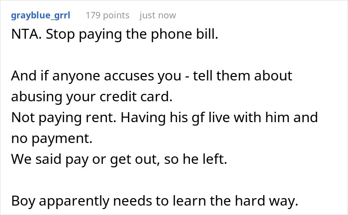 Screenshot of a Reddit comment advising to stop paying bills and evict a mooching adult child who steals money from parents.