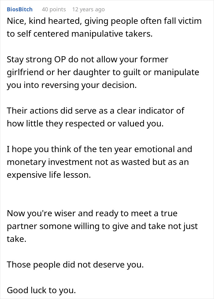 Comment expressing support for step-dad&rsquo;s heartbreaking speech after realizing girlfriend and her daughter don&rsquo;t care.