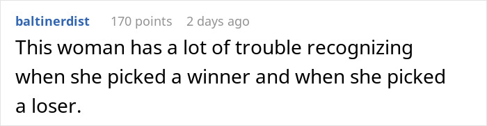 Text post on a social platform discussing a woman facing trouble recognizing when she chose a winner or a l***r.