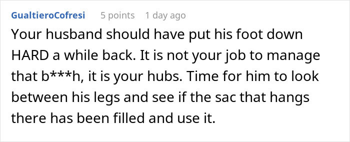 Comment discussing a husband's role in managing his mother-in-law who tries to be the center of attention during a wedding.