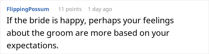 Comment discussing disappointment with the groom and anger towards the bride at a Halloween wedding event.