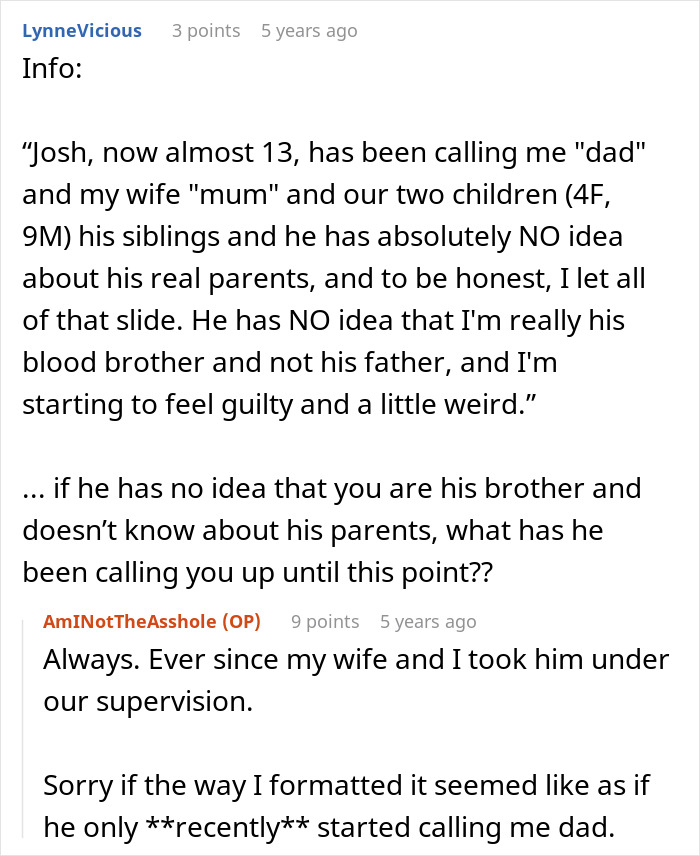 Text conversation about a guy feeling guilty over son not knowing his real parents or biological relationship with him.