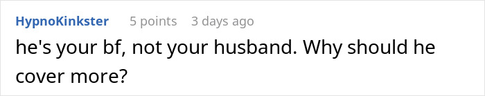 Comment text on a social media post discussing a rich boyfriend demanding equal split rent while the girlfriend refuses.