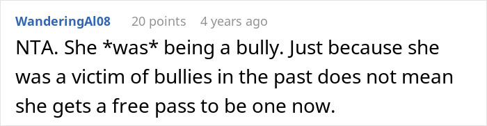 Screenshot of a forum comment discussing being a bully and past experiences with bullies triggering a response.