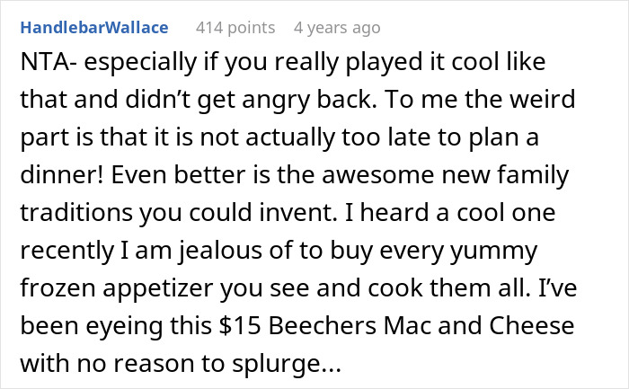 Comment discussing a woman upset her husband assumed she planned Thanksgiving when she has never done that.