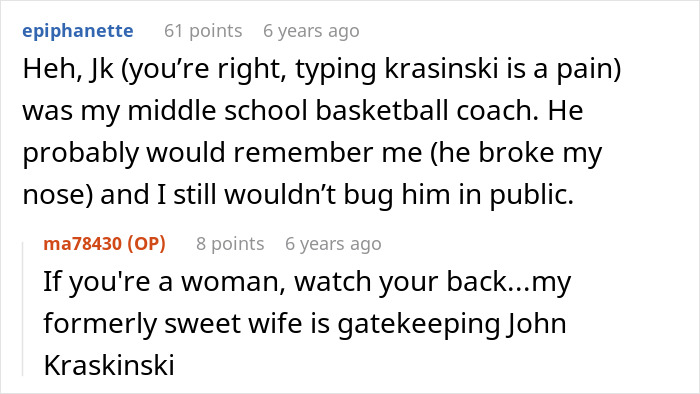 Screenshot of a conversation mentioning John Krasinski and a wife taking a free pass with him, with humorous comments.