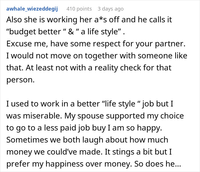 Comment discussing a rich boyfriend demands equal split rent while the girlfriend refuses, highlighting respect and lifestyle choices.