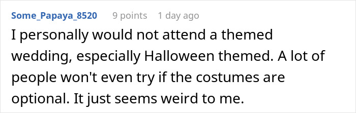 Screenshot of a forum post expressing disappointment and anger about attending a Halloween themed wedding event.