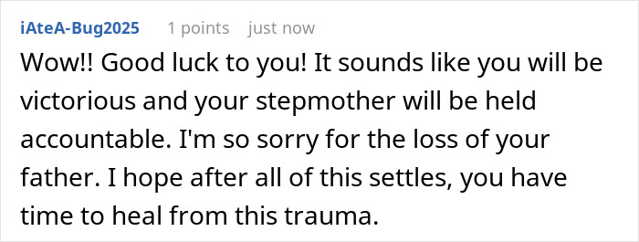 Screenshot of a supportive forum comment discussing a grieving daughter seeking justice against her stepmother.