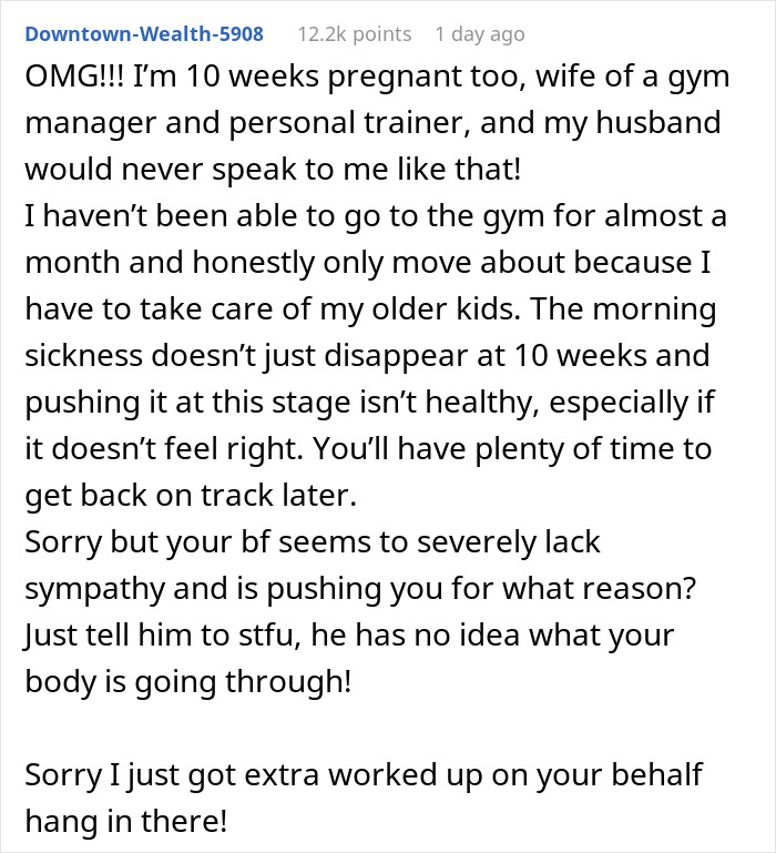 Comment from a pregnant woman sharing struggles with working out while her boyfriend accuses her of playing the victim.