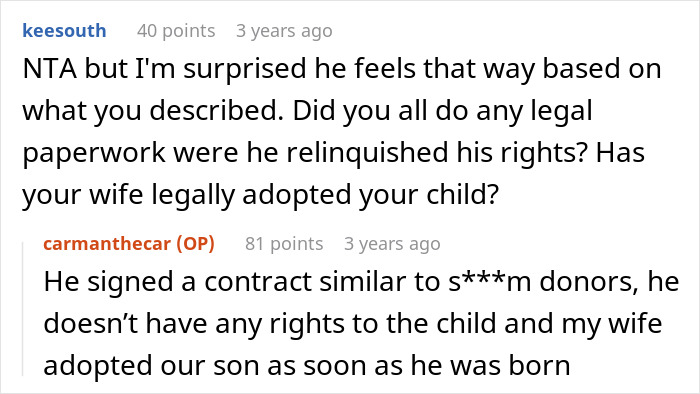 Screenshot of a Reddit conversation about IVF, legal rights, and parental roles after helping sister-in-law conceive.