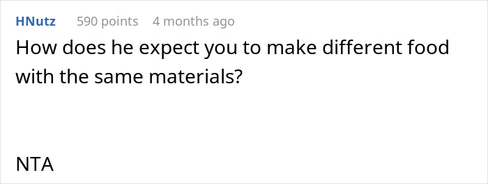Comment on Reddit post discussing husband yelling at wife over cooking same dish due to limited ingredient choices.