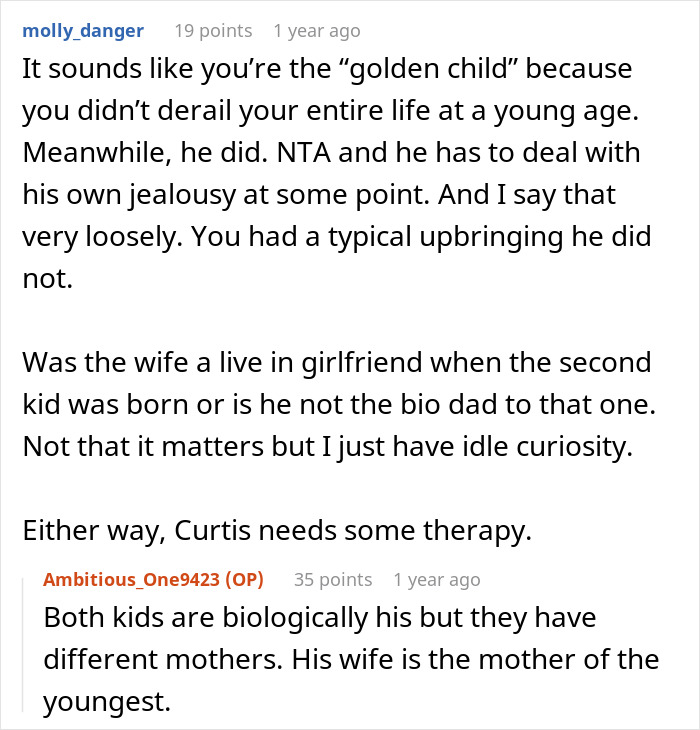 Reddit user discusses controlling brother and golden child dynamics within a family, mentioning jealousy and upbringing differences.