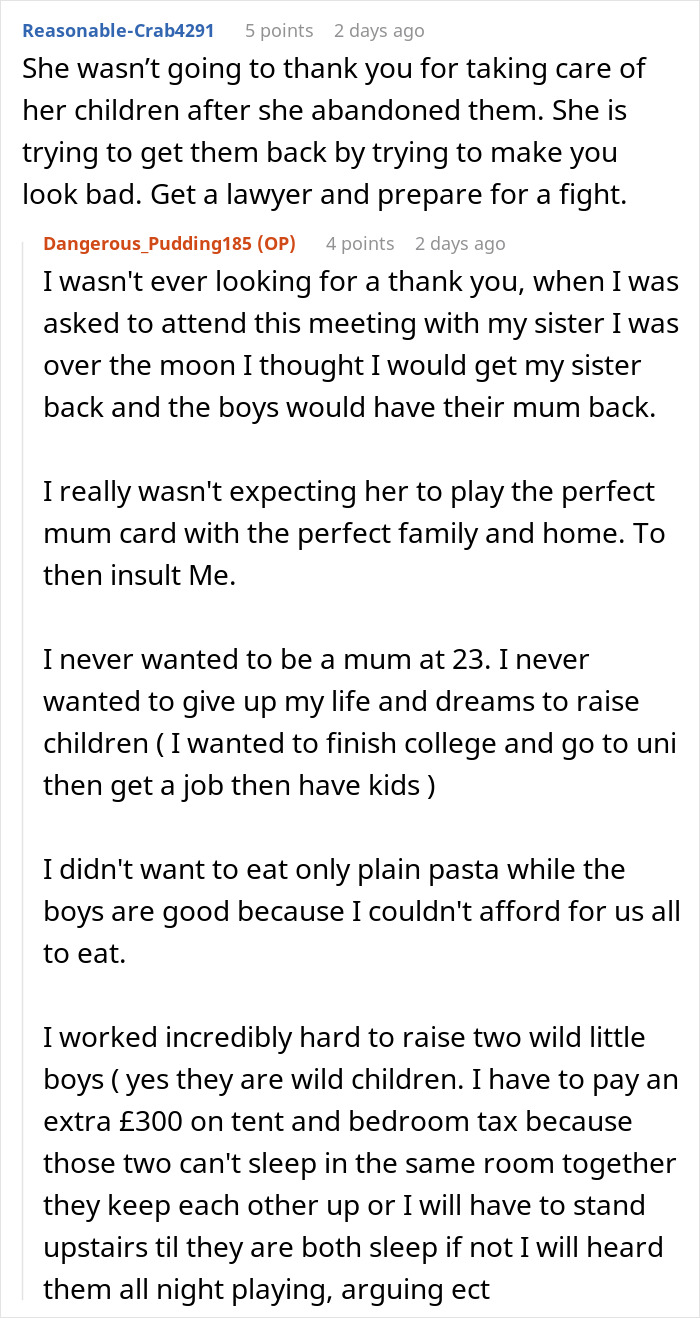 Reddit conversation about mom abandoning kids and sister raising them at 23 sharing struggles and family conflict six years later